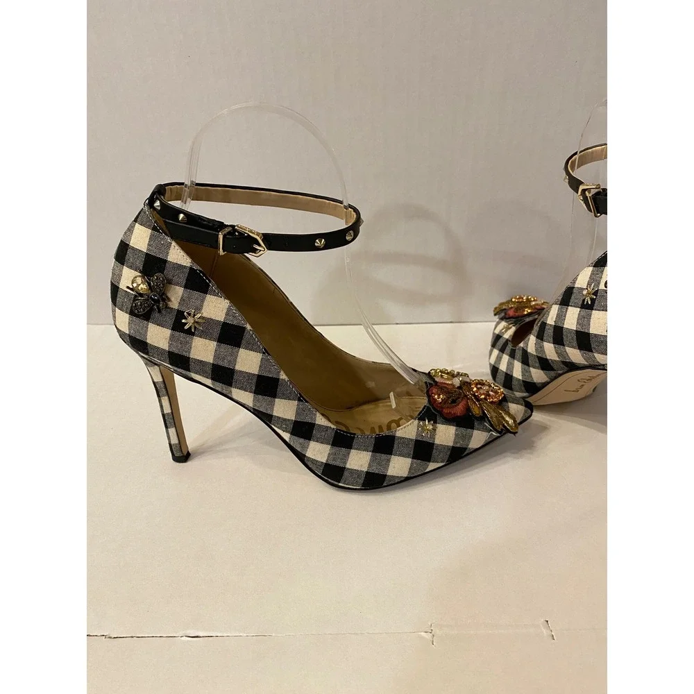 Sam Edelman Hazel Gingham Beaded Floral Ankle Strap Pumps Black White 7.5